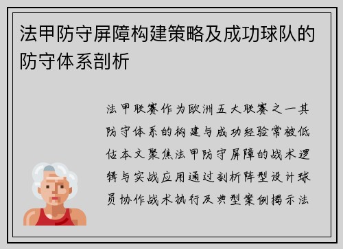 法甲防守屏障构建策略及成功球队的防守体系剖析