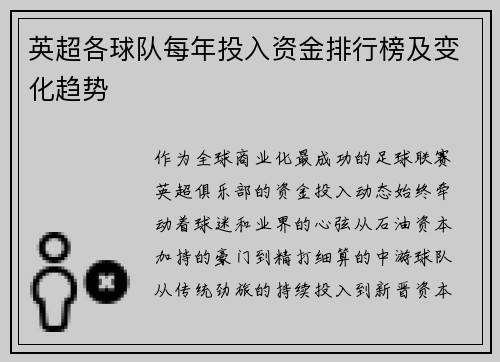 英超各球队每年投入资金排行榜及变化趋势